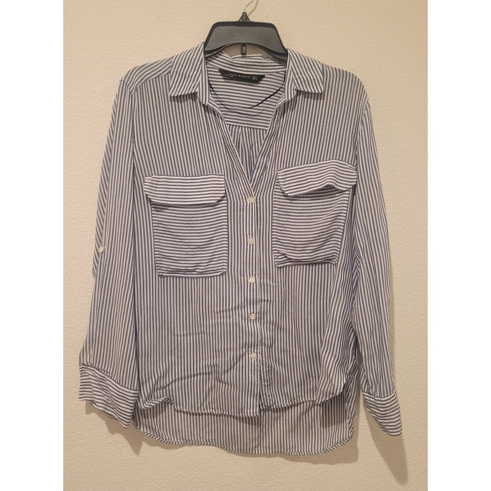 ZARA WOMENS BLUE WHITE STRIPED Long Sleeve Roll Tab SHIRT Size 6 safari